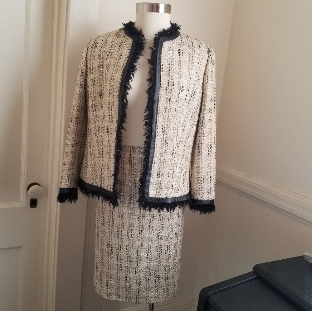 Vintage Escada Tweed Suit Set, silk fringe